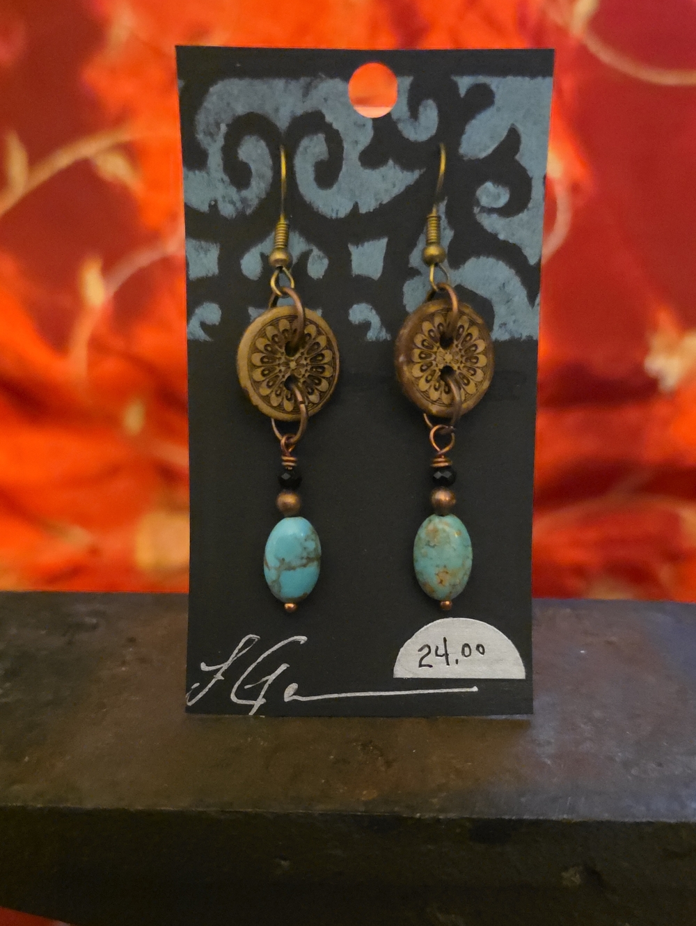 Handcrafted Turquoise Drop Earrings with Antique Brass Accents